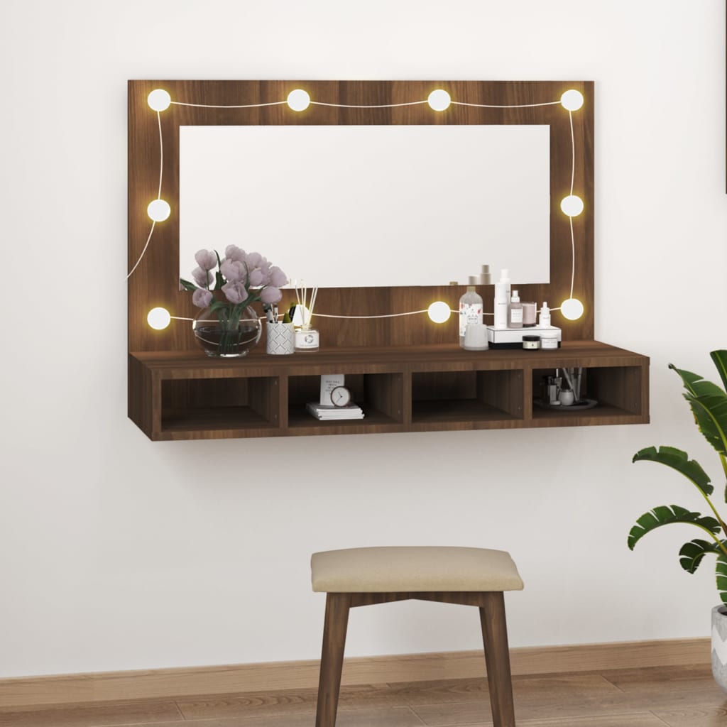 NNEVL Mirror Cabinet with LED Brown Oak 90x31.5x62 cm - UrbanNest Co