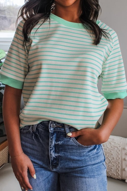 Stripe Colorblock Trim Round Neck Short Sleeve Tee - UrbanNest Co