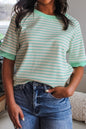 Stripe Colorblock Trim Round Neck Short Sleeve Tee - UrbanNest Co