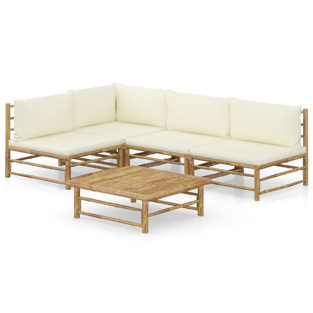 NNEVL 5 Piece Garden Lounge Set with Cream White Cushions Bamboo - UrbanNest Co