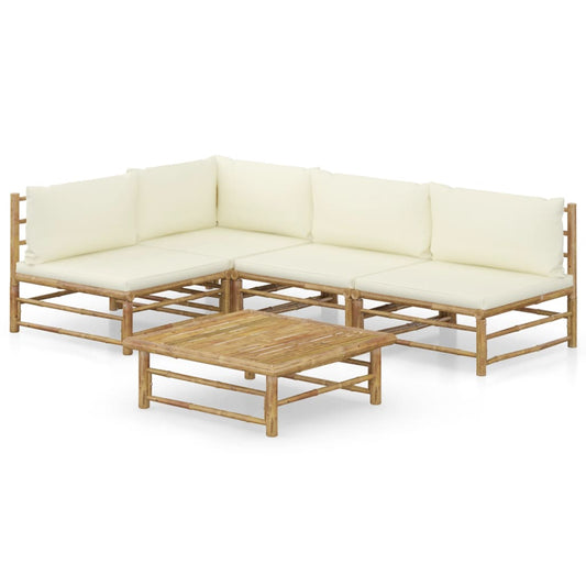 NNEVL 5 Piece Garden Lounge Set with Cream White Cushions Bamboo - UrbanNest Co