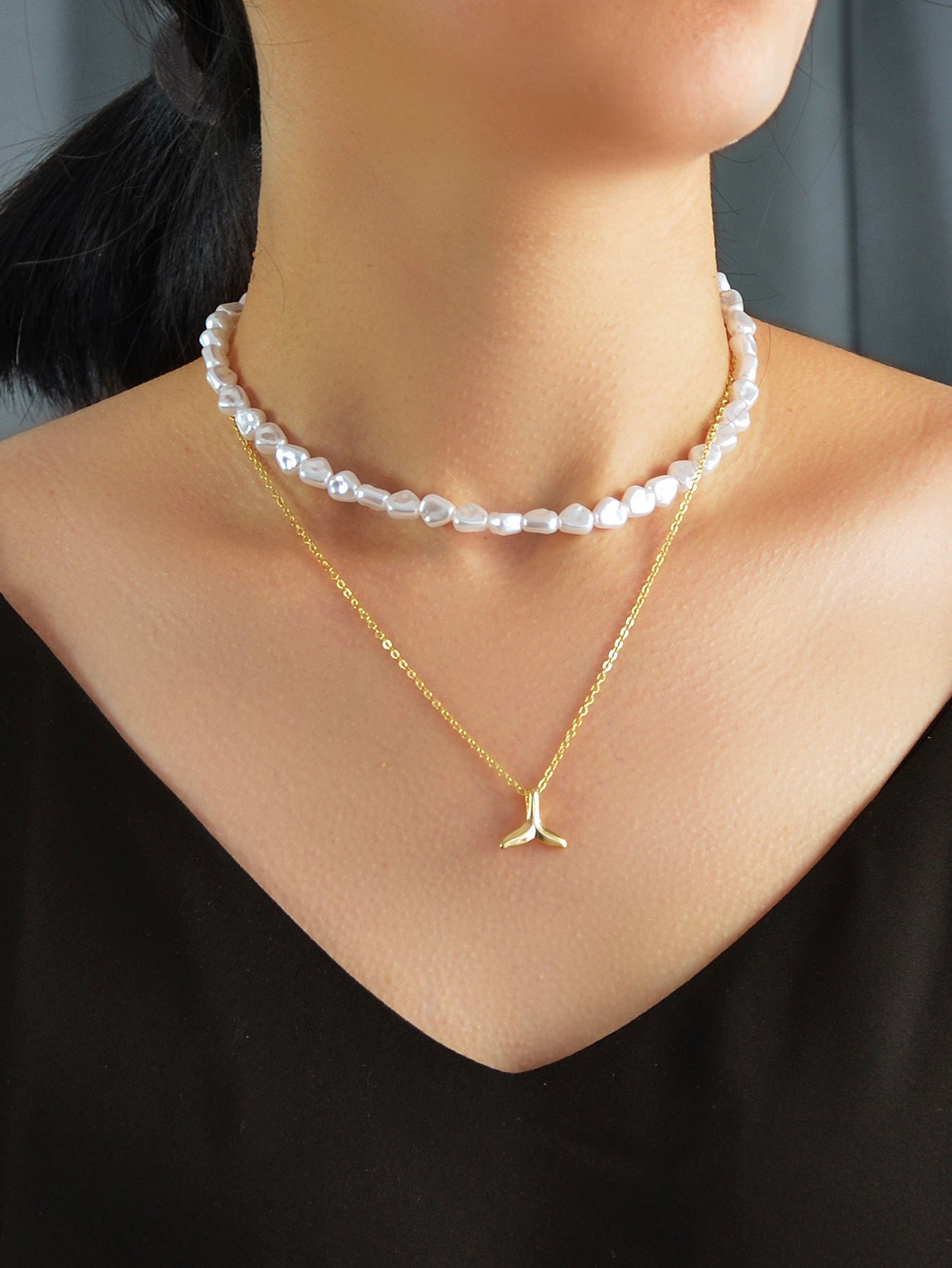 Textured Accessories Double layer Chain Pearl Choker Fish Tail Pendant Necklace - UrbanNest Co