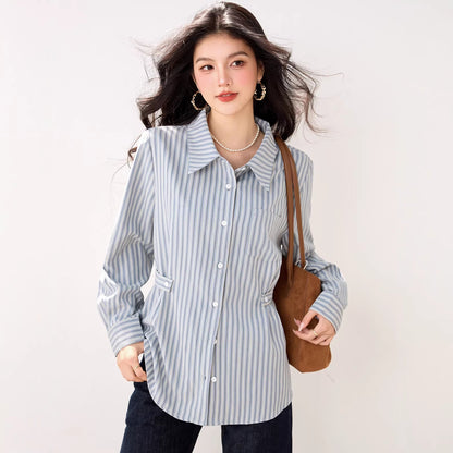 Blue Striped Polo Neck Shirt for Women Long Sleeve, Casual Design - UrbanNest Co