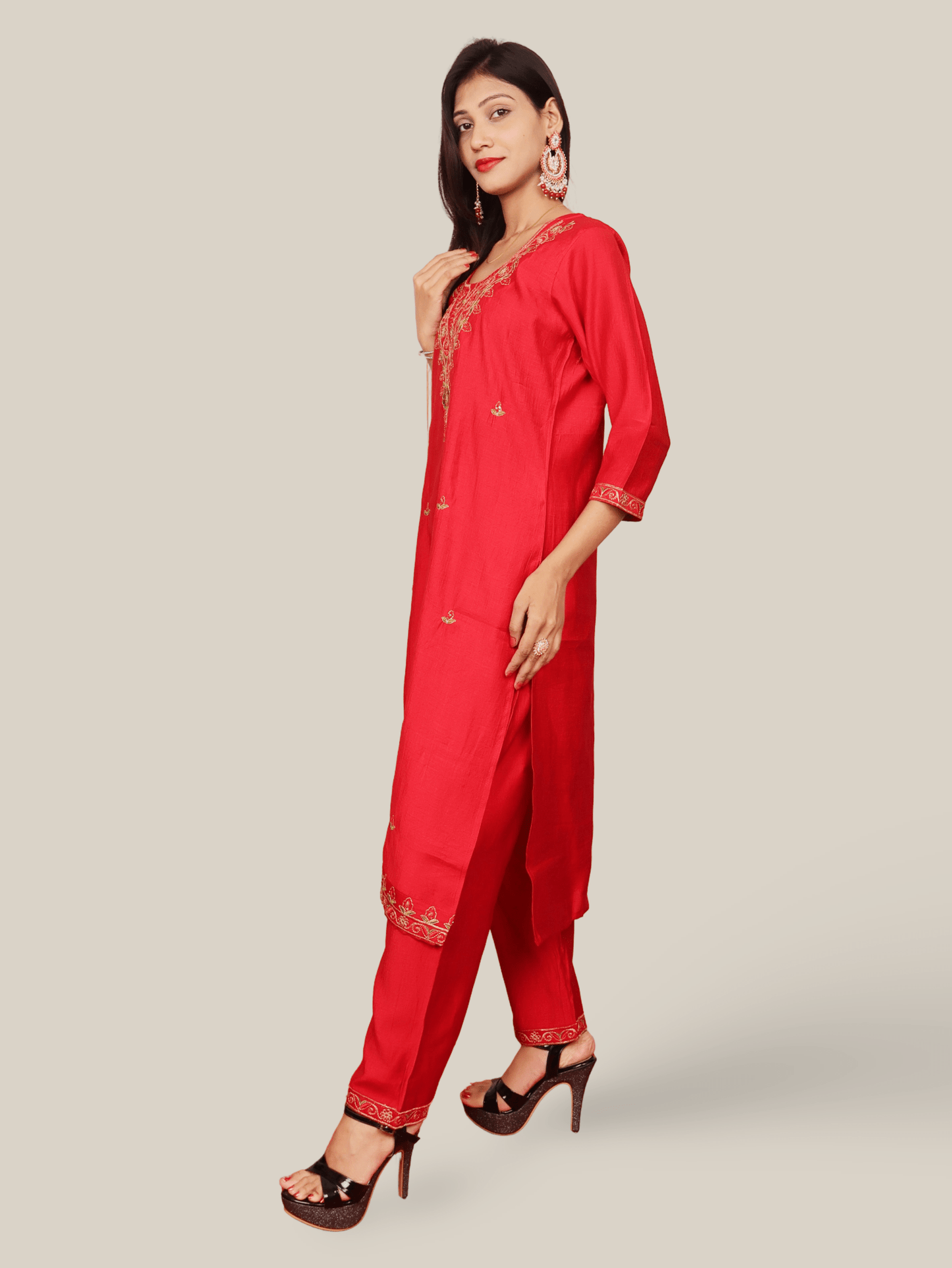 Vatican Silk Embroidered Straight Kurti with Pants and Dupatta - UrbanNest Co