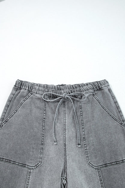 Denim Raw Hem Drawstring Wide Leg Pants - UrbanNest Co