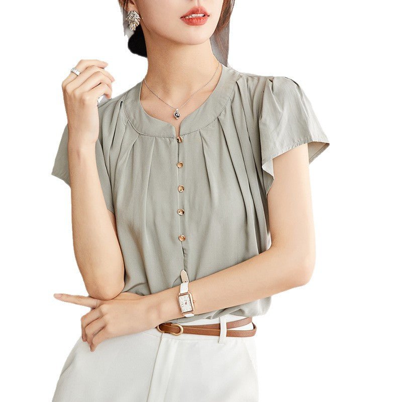 Chiffon Short Sleeve Blouse for Women, Summer Designer Loose Fit with Flutter Sleeves and Peter Pan Collar Top - UrbanNest Co
