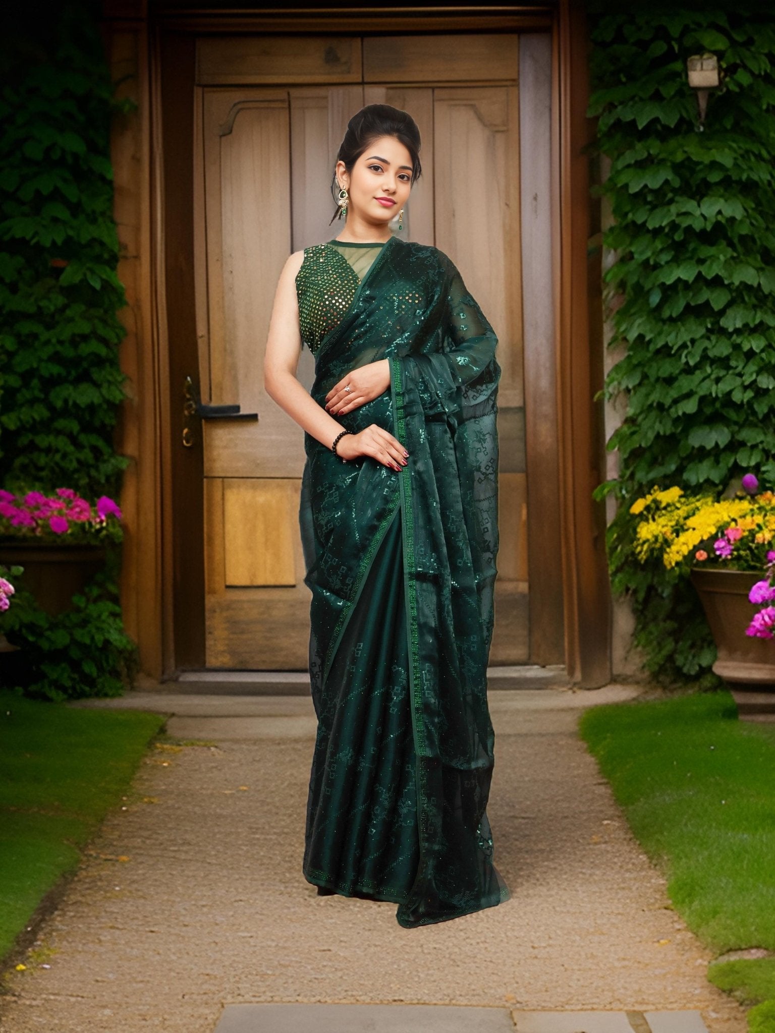 Designer Saree with Rhinestones & Sequin Work by Shreekama - UrbanNest Co