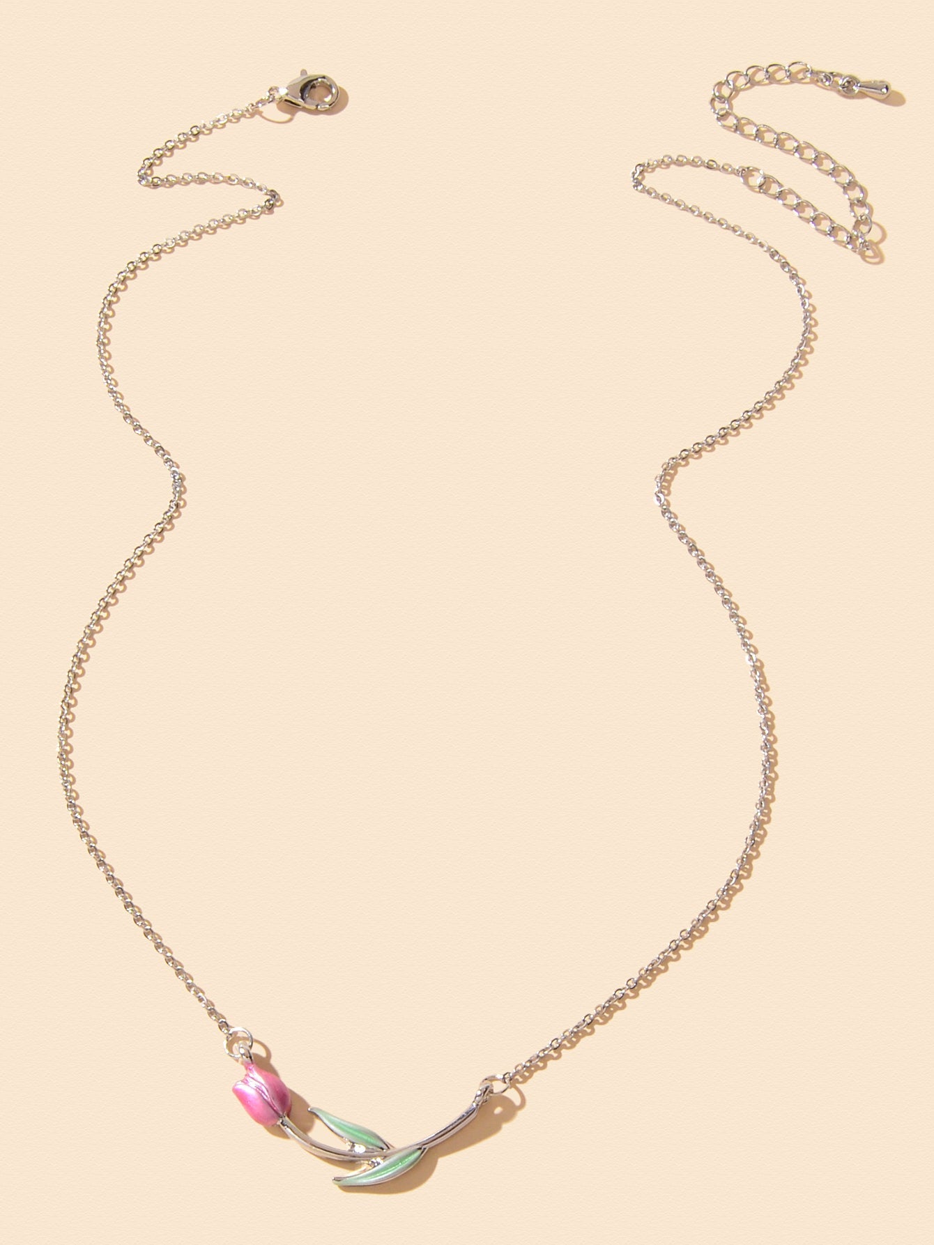 Elegant Silver Chain Green Leaf Pink Tulip Flower Pendant Anniversary Necklace - UrbanNest Co