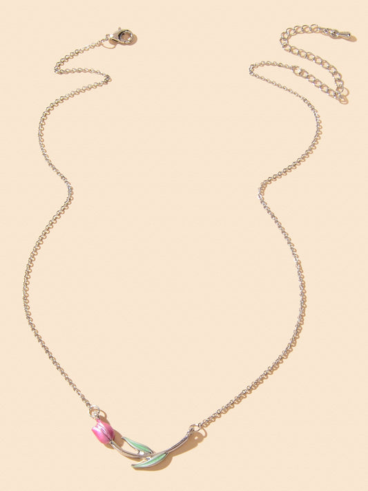 Elegant Silver Chain Green Leaf Pink Tulip Flower Pendant Anniversary Necklace - UrbanNest Co