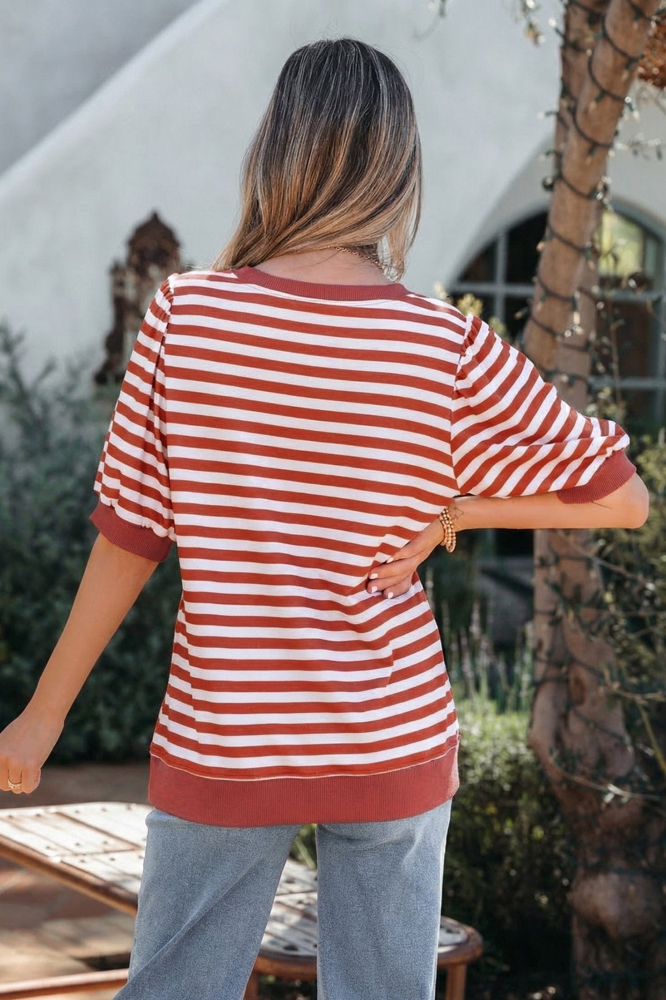 Stripe Short Bubble Sleeve T-Shirt - UrbanNest Co