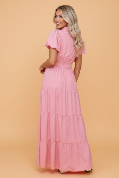 Solid V - Neck Short Puff Sleeve Tiered Maxi Dress - UrbanNest Co