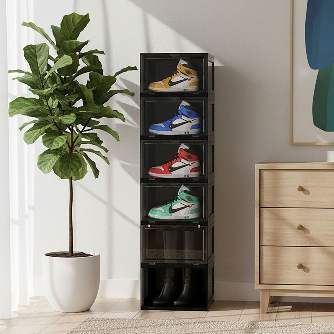 SOGA 6 Tier Black Portable Shoe Organiser Sneaker Footwear Folding Plastic Bin Stackable Storage Box with Magnetic Door - UrbanNest Co