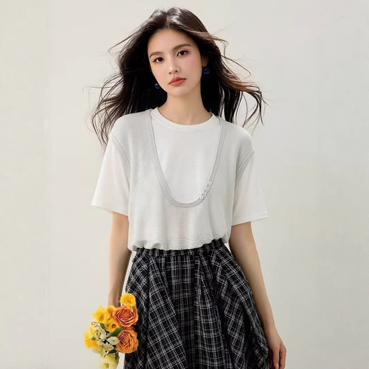 Color blocking V - neck fake two piece short sleeved T-shirt for women's summer design layered loose and slimming top - UrbanNest Co