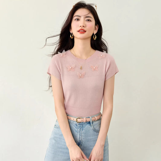 Soft Style Embellished Beaded Bow Short Sleeve Knit T-Shirt Women Summer Unique Design Fitted Cropped Top - UrbanNest Co