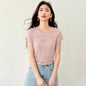 Soft Style Embellished Beaded Bow Short Sleeve Knit T-Shirt Women Summer Unique Design Fitted Cropped Top - UrbanNest Co