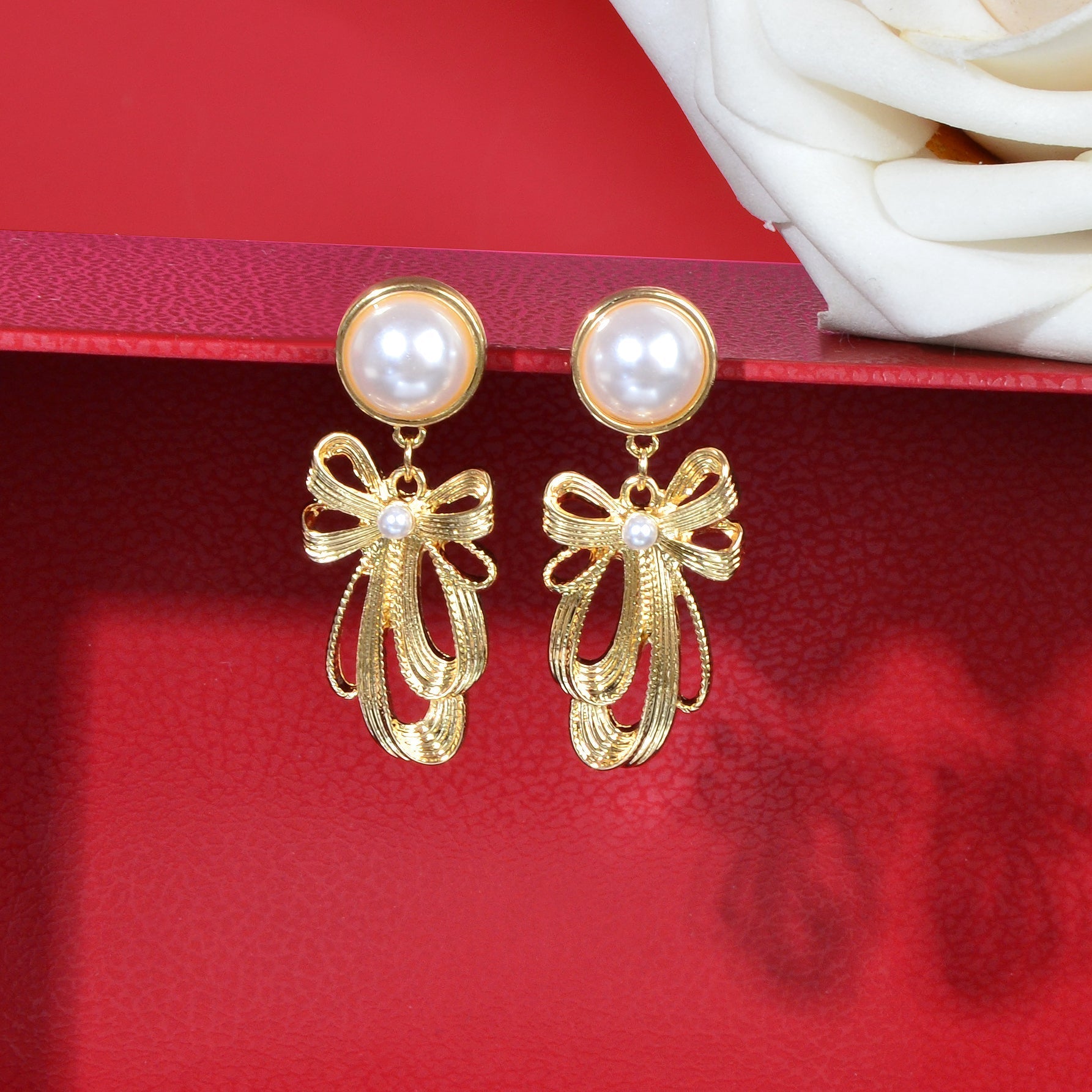 Imitation Pearl Decor Golden Bow Dangle Earrings Party Daily Festival Jewelry Gift - UrbanNest Co