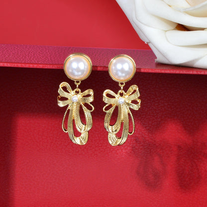 Imitation Pearl Decor Golden Bow Dangle Earrings Party Daily Festival Jewelry Gift - UrbanNest Co