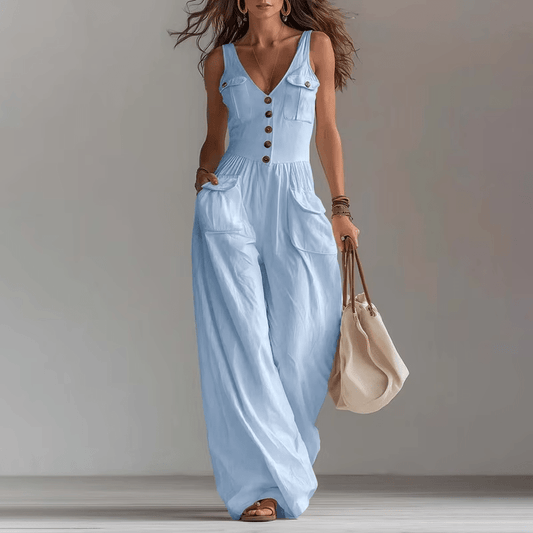 Pocket V - neck button vest jumpsuit for women - UrbanNest Co