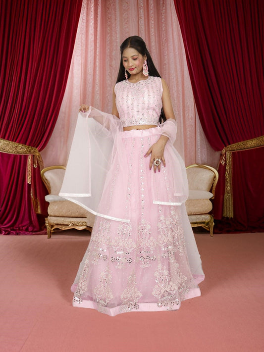 Beautiful mirror and stone work on this pink lehenga set for women by Shreekama - UrbanNest Co