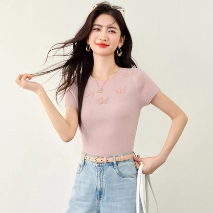 Soft Style Embellished Beaded Bow Short Sleeve Knit T-Shirt Women Summer Unique Design Fitted Cropped Top - UrbanNest Co
