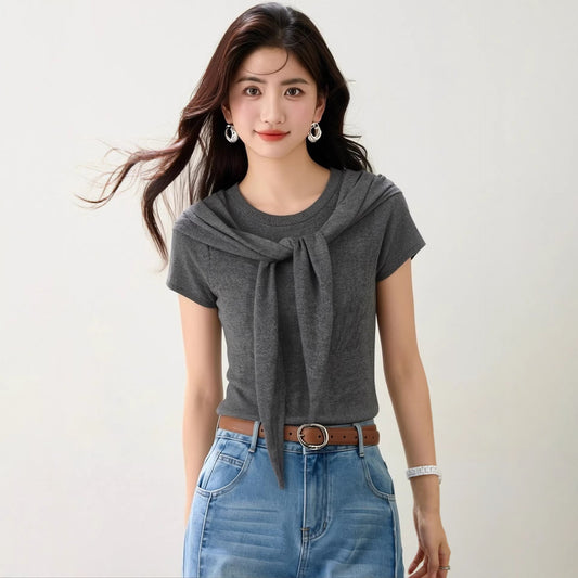 Two - piece Shoulder Cover Short Sleeve T-shirt for Women Elegant and Mature Style Summer Top - UrbanNest Co