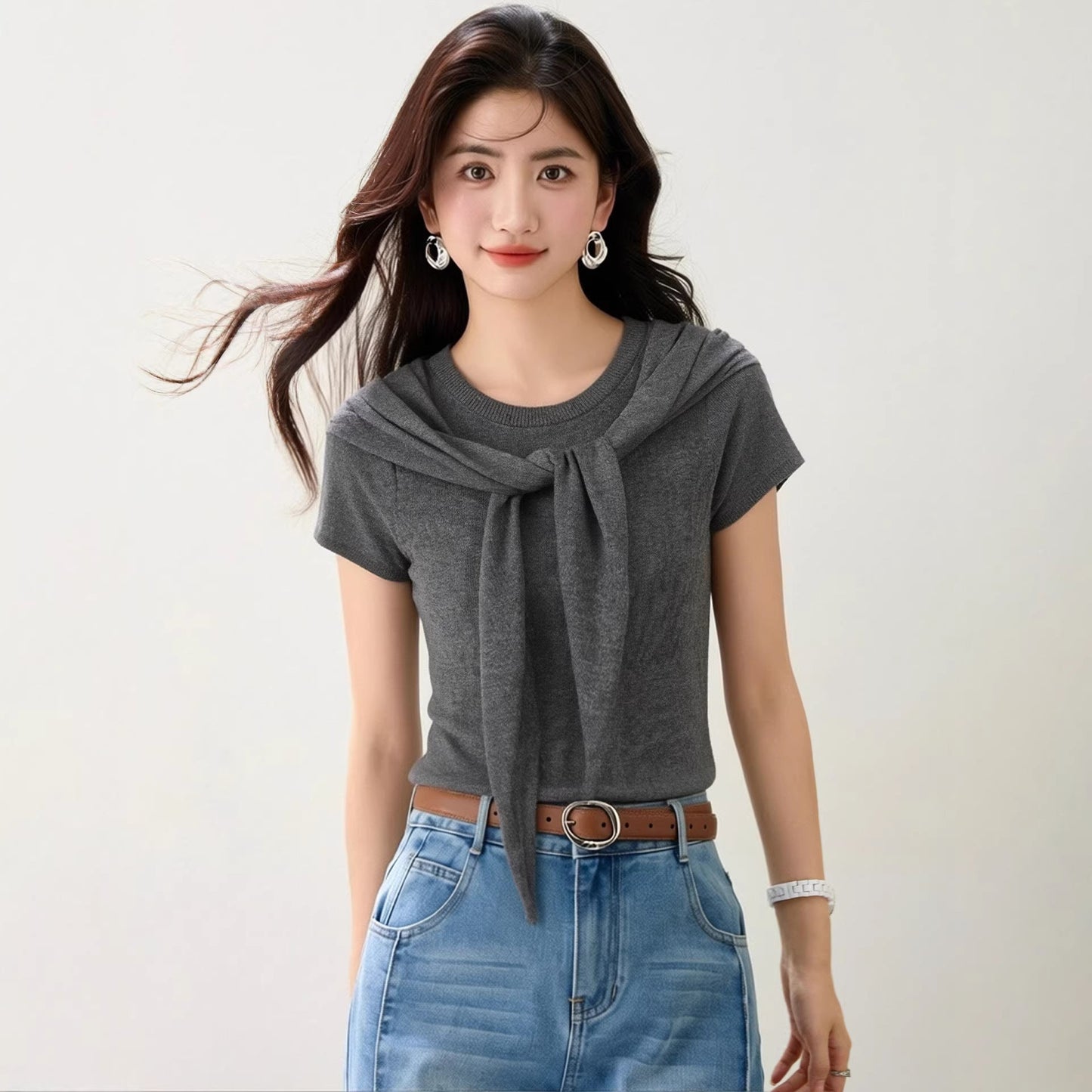 Two - piece Shoulder Cover Short Sleeve T-shirt for Women Elegant and Mature Style Summer Top - UrbanNest Co