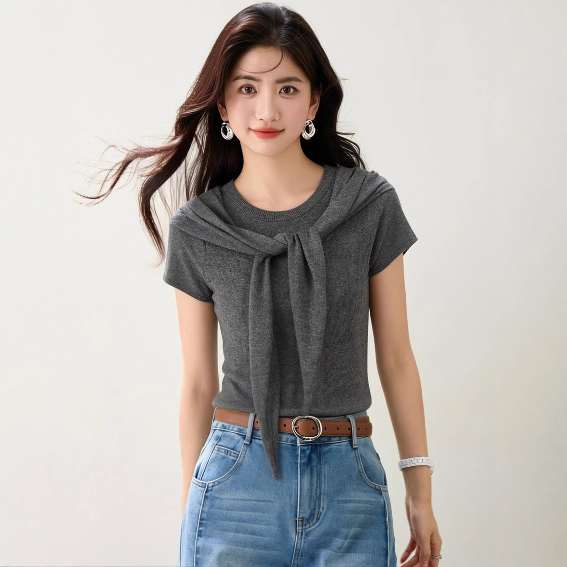 Two - piece Shoulder Cover Short Sleeve T-shirt for Women Elegant and Mature Style Summer Top - UrbanNest Co