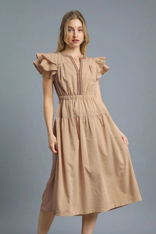 Umgee Ruffled Cap Sleeve Midi Dress with Contrast Trim Detail - UrbanNest Co