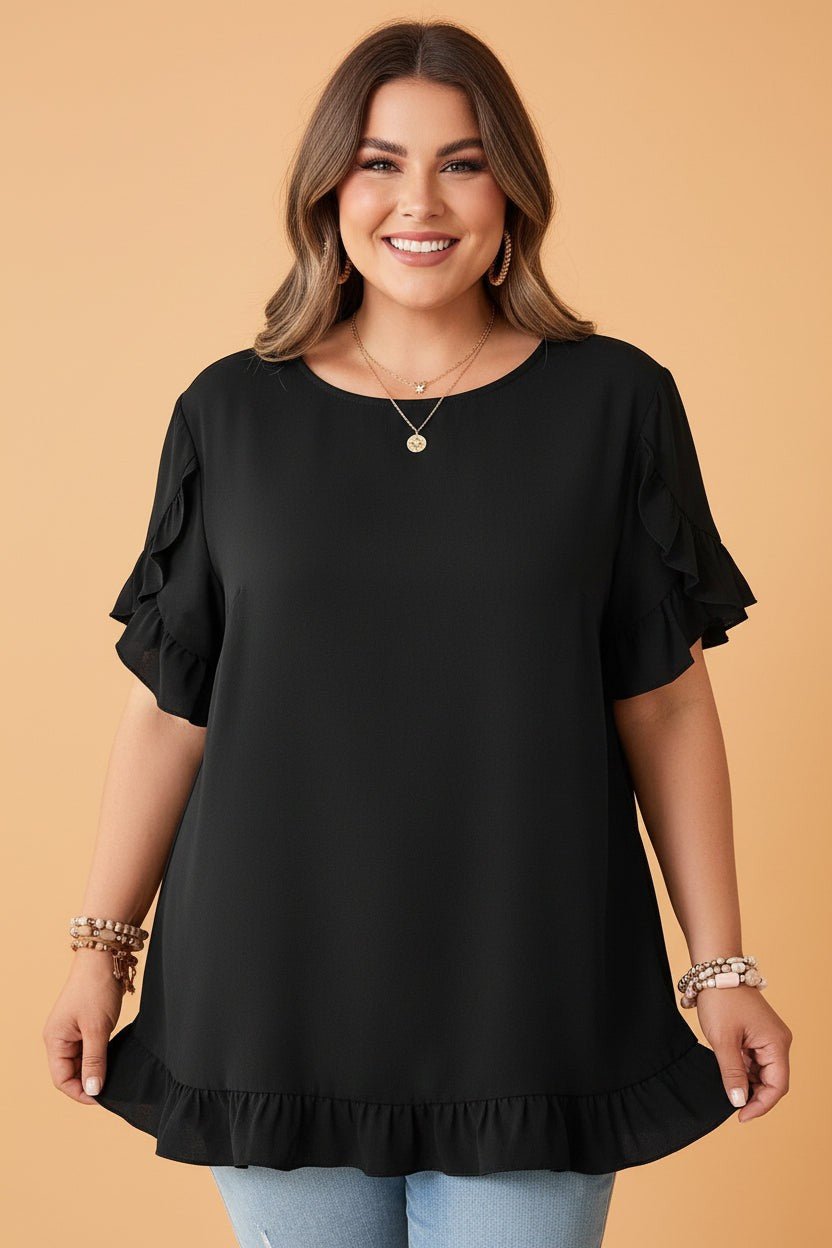 Plus Size Solid Ruffle Trim Petal Sleeve Tee - UrbanNest Co