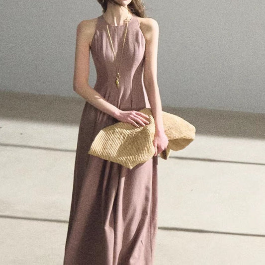 Old Money Style Gold Thread Linen Sparkle Long Dress Summer Sleeveless Fitted Waist Backless Dress - UrbanNest Co