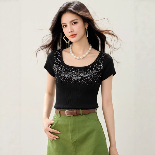 Fashionable Black Embellished U - Neck Short Sleeve Knit Top for Women, Slim Fit, Elegant Inner Layer or Standalone Wear - UrbanNest Co