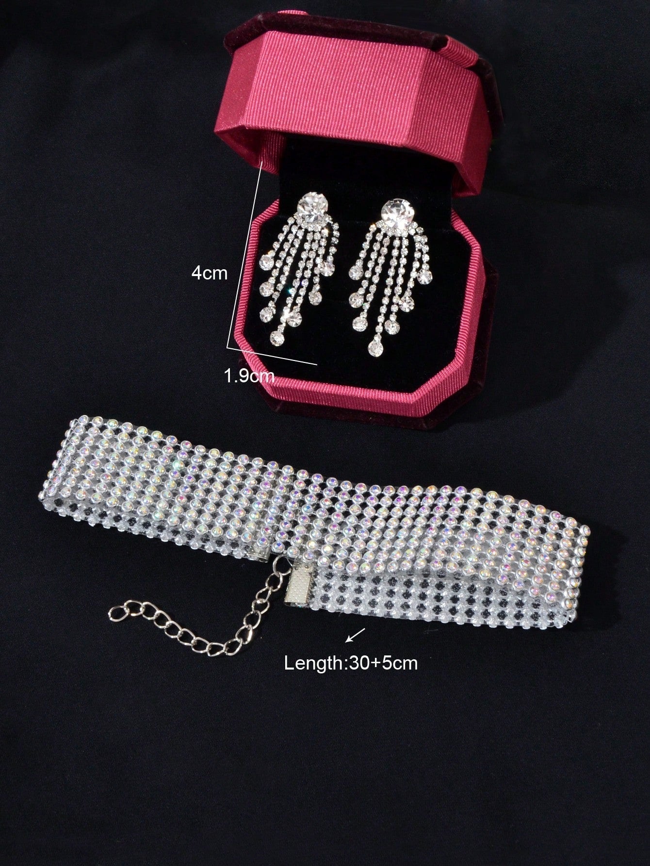 Silver Colour Full Crystal Short Choker Necklace & Tassel Earrings Jewellery Set - UrbanNest Co