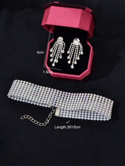 Silver Colour Full Crystal Short Choker Necklace & Tassel Earrings Jewellery Set - UrbanNest Co
