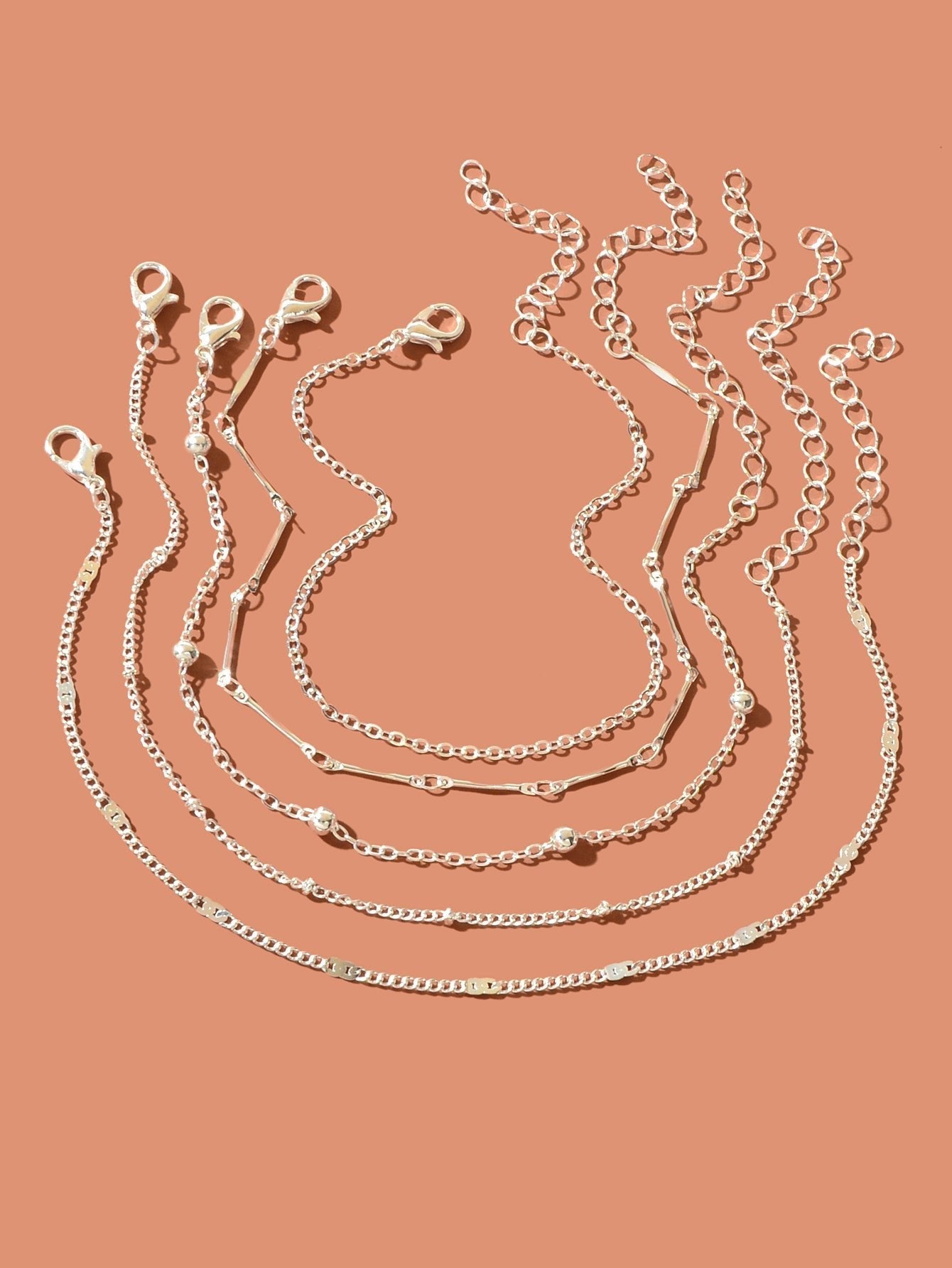 5 pcs Layered Multiple Silver Chain Stackable Anklets Beach Foot Jewellery - UrbanNest Co