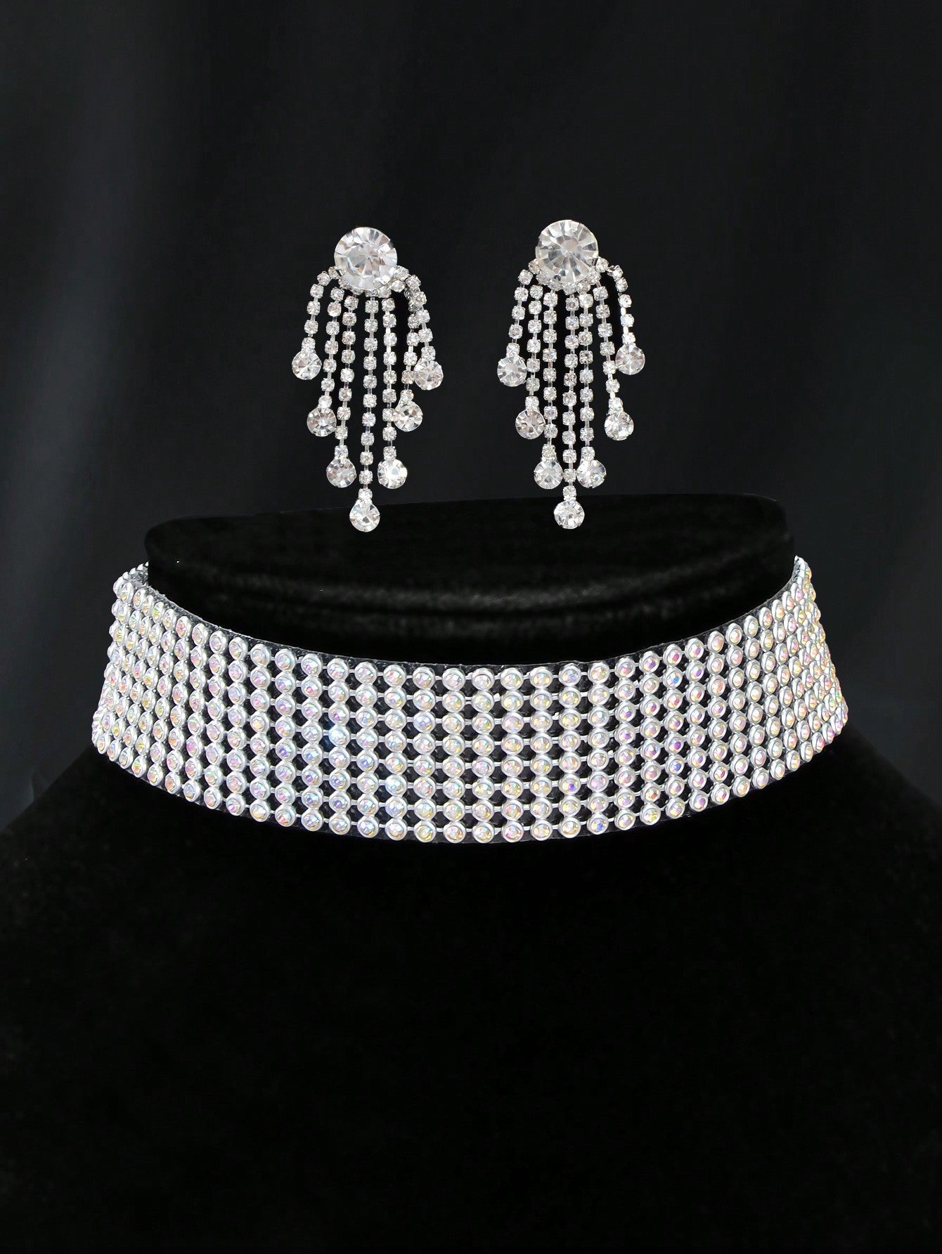 Silver Colour Full Crystal Short Choker Necklace & Tassel Earrings Jewellery Set - UrbanNest Co