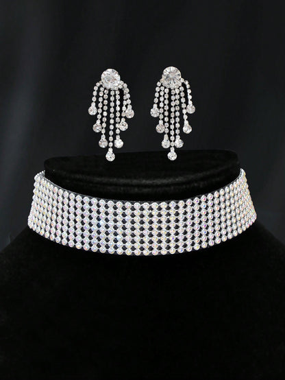 Silver Colour Full Crystal Short Choker Necklace & Tassel Earrings Jewellery Set - UrbanNest Co