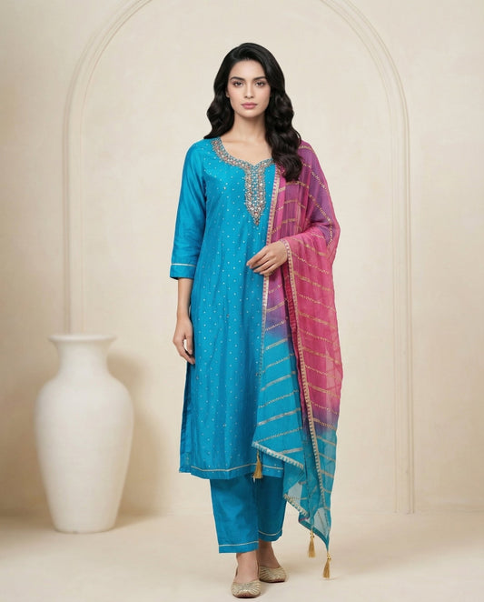 Teal Bandhani Dot Kurta Suit Set with Pearl Zardozi Neck & Ombre Leheriya Dupatta - UrbanNest Co