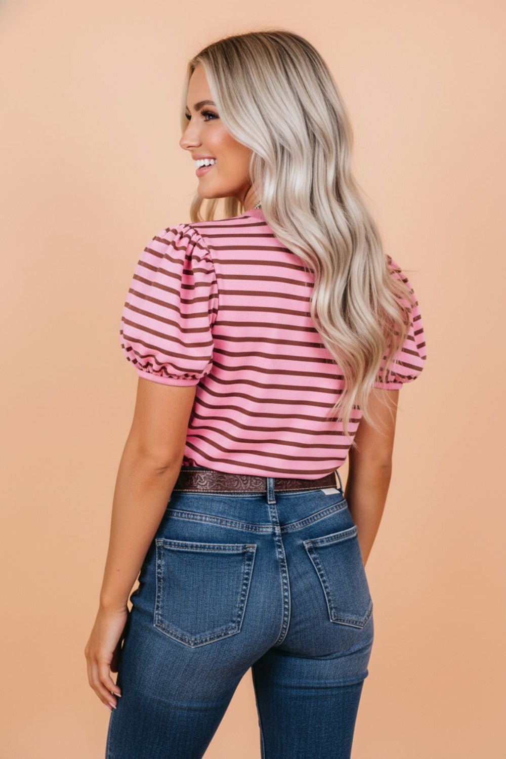 Stripe Ribbed Trim V - Neck Puff Sleeve Top - UrbanNest Co