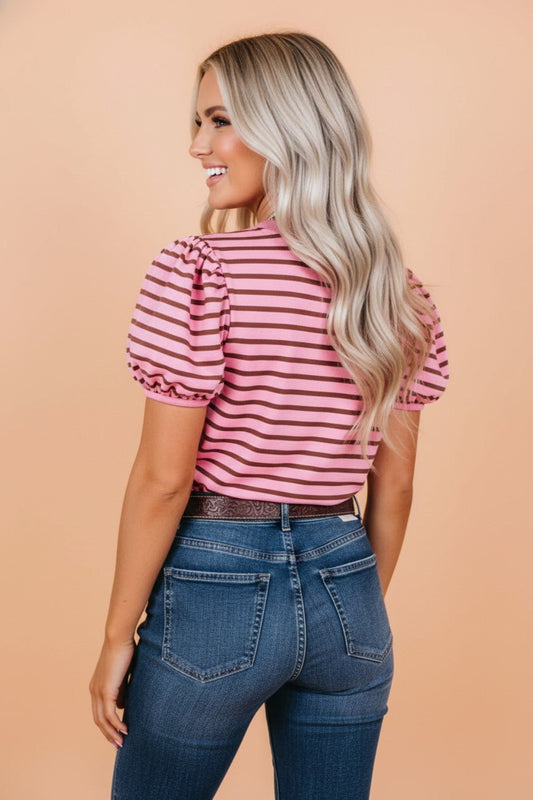 Stripe Ribbed Trim V - Neck Puff Sleeve Top - UrbanNest Co