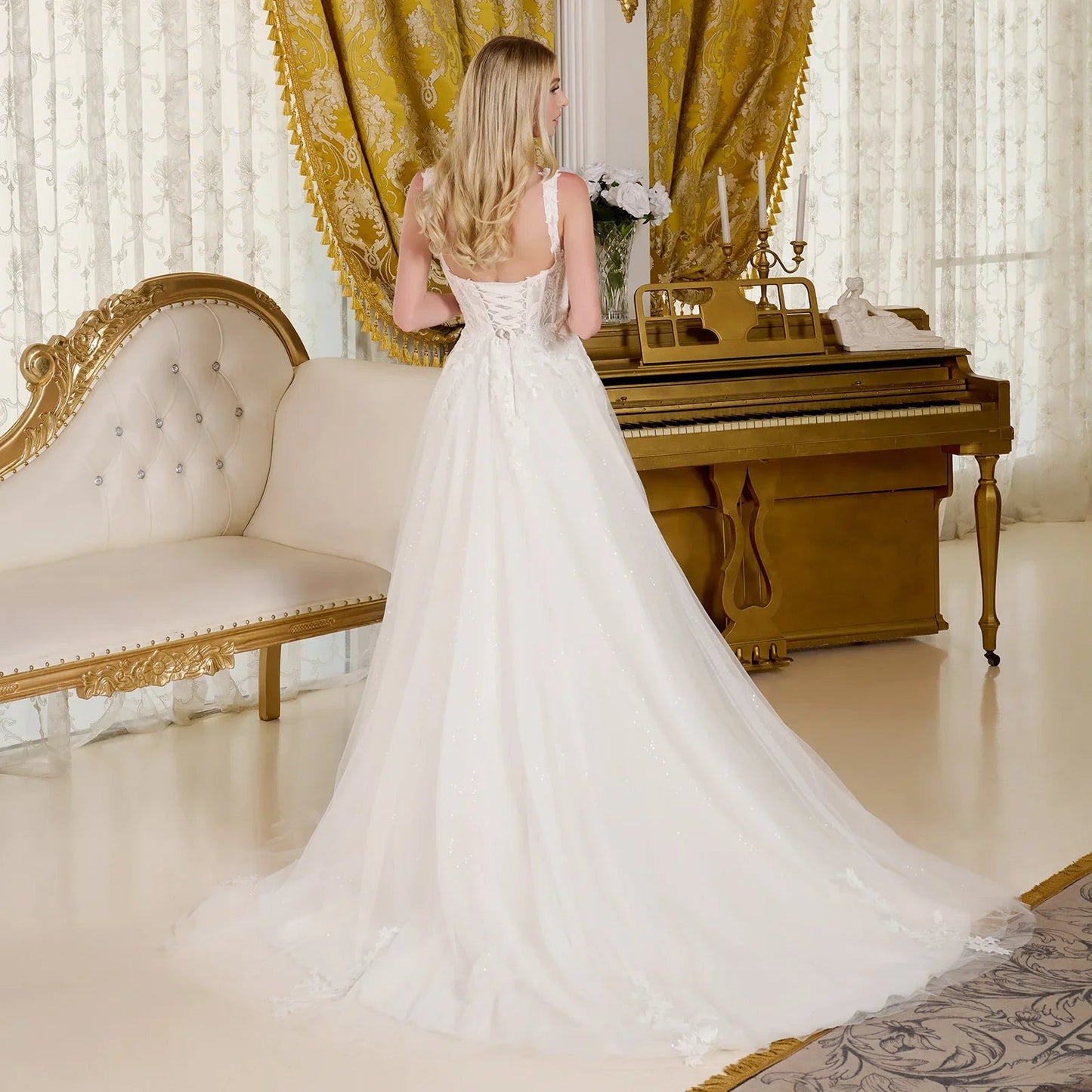 A - line wedding dress with V - neck and straps - UrbanNest Co