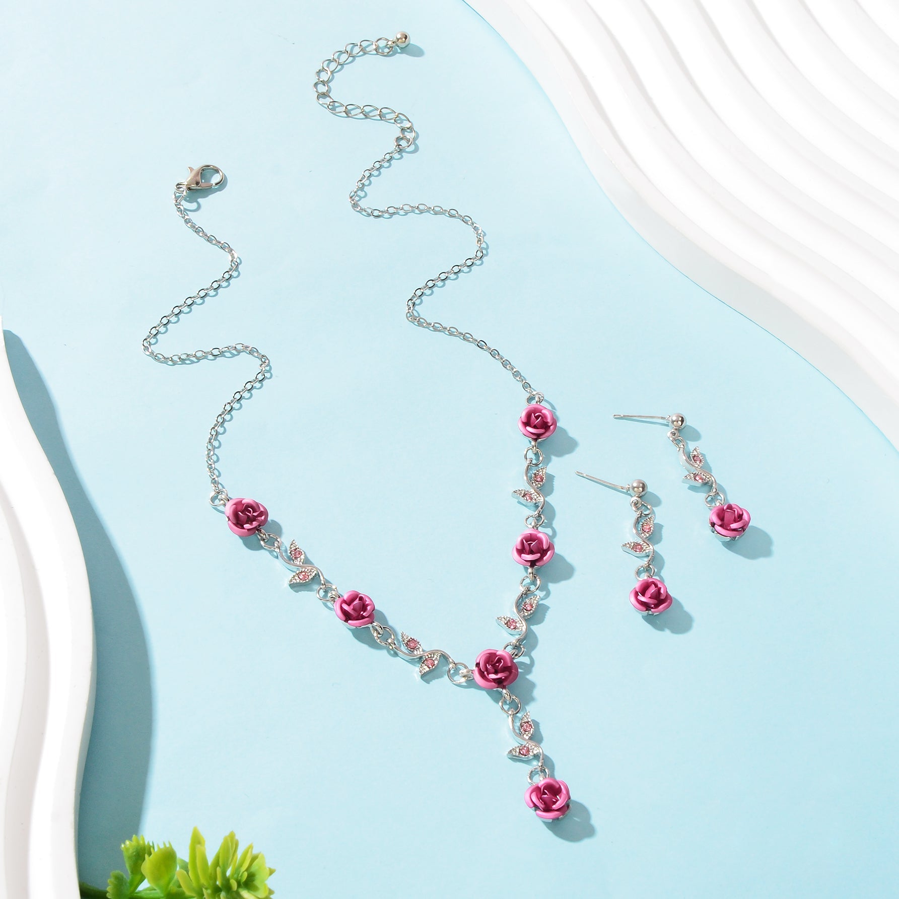 Jewellery set Silvery Chain Pink Flower Pendant Necklace Dangle Earrings - UrbanNest Co