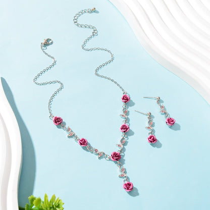 Jewellery set Silvery Chain Pink Flower Pendant Necklace Dangle Earrings - UrbanNest Co