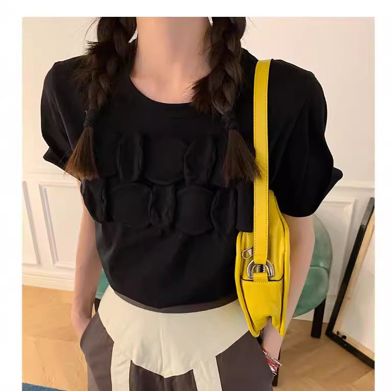 Casual Fashion Women's Short Sleeve T-Shirt with Black White and Blue Color Block DesignElegant and Chic Top - UrbanNest Co