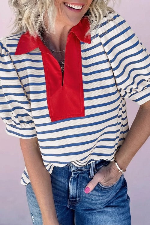 Stripe Colorblock Puff Sleeve Polo Collar Blouse - UrbanNest Co