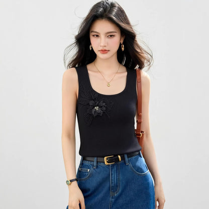Fashionable Floral 3D Embellished U - Neck Sleeveless Crop Top for Women Slim Fit Design - UrbanNest Co