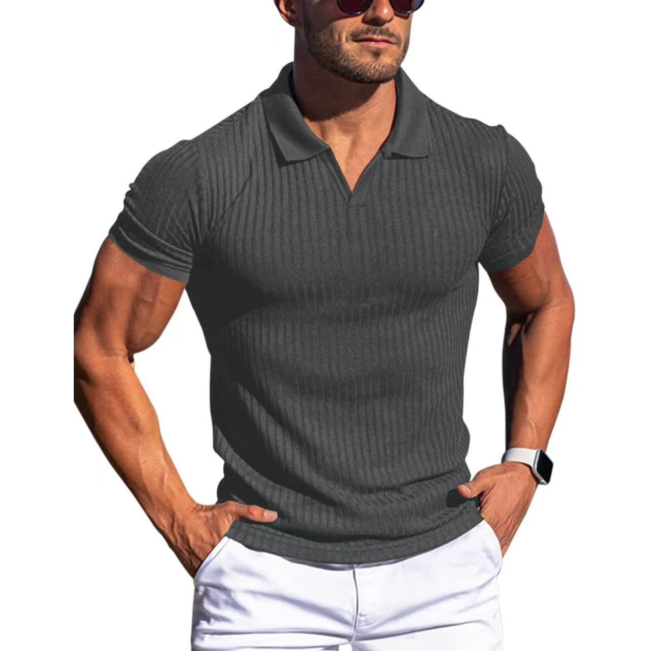 Men's POLO shirt, lapel, men's T-shirt, V - neck, short - sleeved, vertical striped POLO shirt - UrbanNest Co