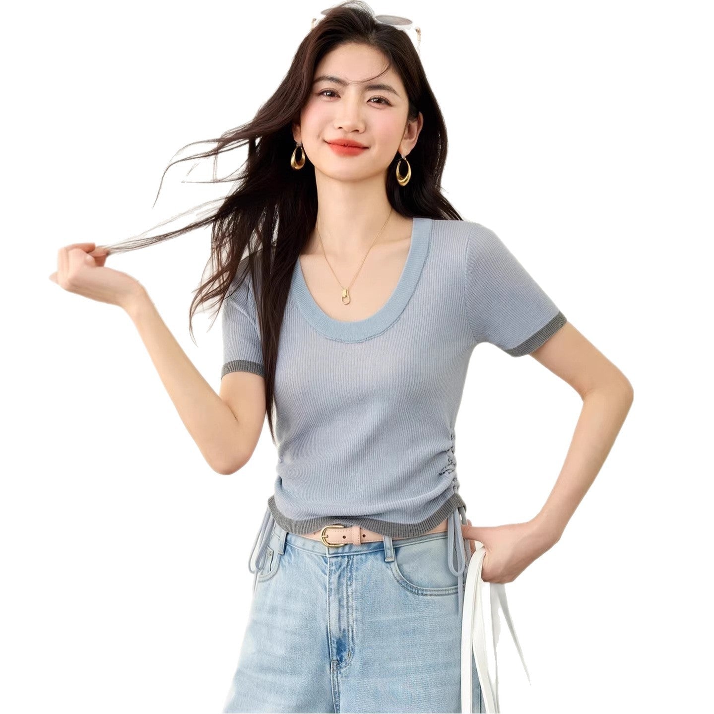 U - neck Color - block Slimming Waist Cinching Design Knit Top for Women Short Sleeve T-shirt Two - piece Look Summer Fashion Top - UrbanNest Co