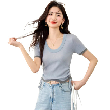 U - neck Color - block Slimming Waist Cinching Design Knit Top for Women Short Sleeve T-shirt Two - piece Look Summer Fashion Top - UrbanNest Co