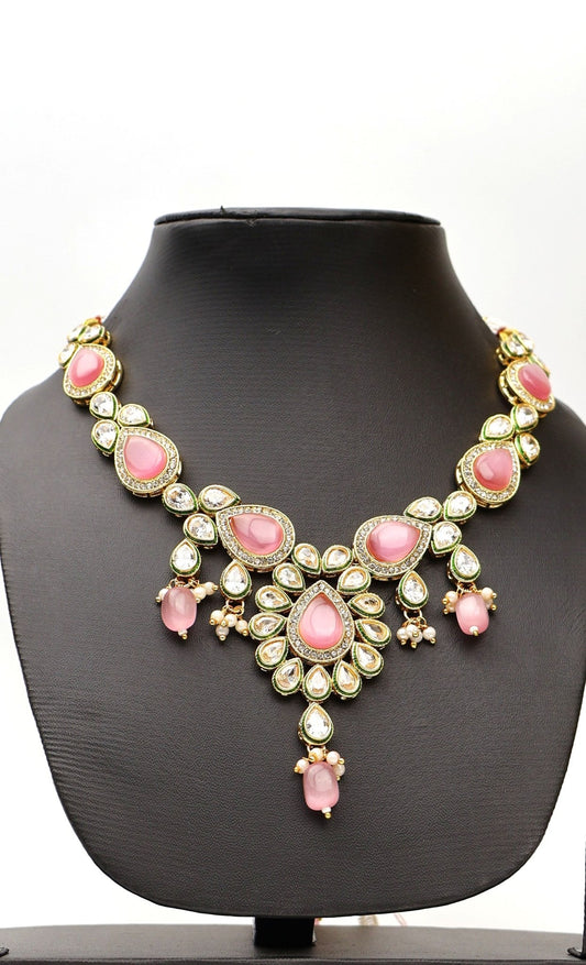 Polki and Pink Monalisa Stone Necklace with Earrings & Mang Tkka - UrbanNest Co