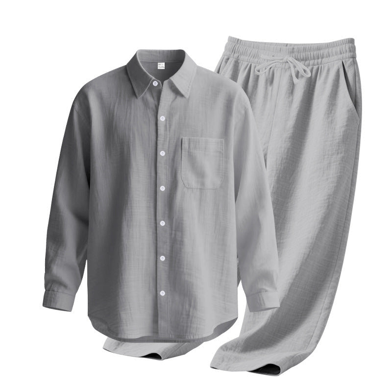 Linen solid color lapel buckle casual long sleeved pants men's suit - UrbanNest Co